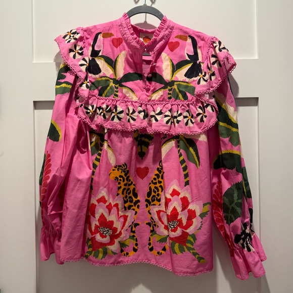 FARM Rio Tops - FARM Rio Leopard Forest Pink Floral Animal Print Blouse